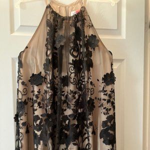 Badgley Mischka Black Floral Appliqué Halter Mini Dress on Nude